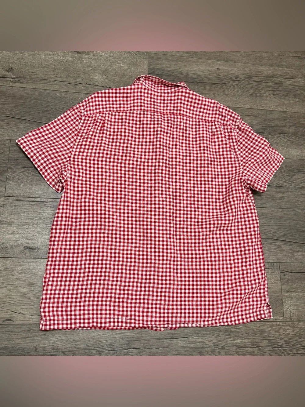J Crew Men Short-sleeve 100% linen camp-collar shirt in gingham Red White Sz L